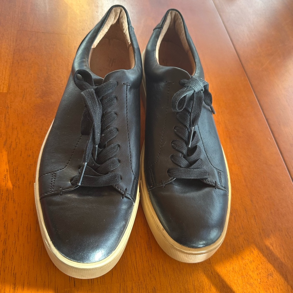 Frye Black Leather Low-Top Sneakers with Tan Soles